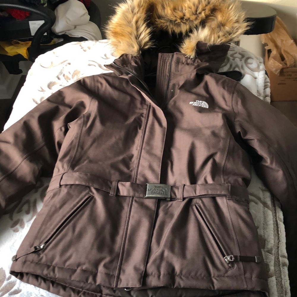 Northface brown belted women’s down jacket